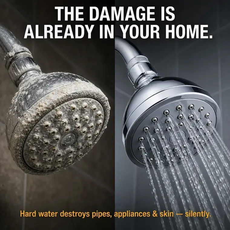 Limescale-covered showerhead beside a clean showerhead