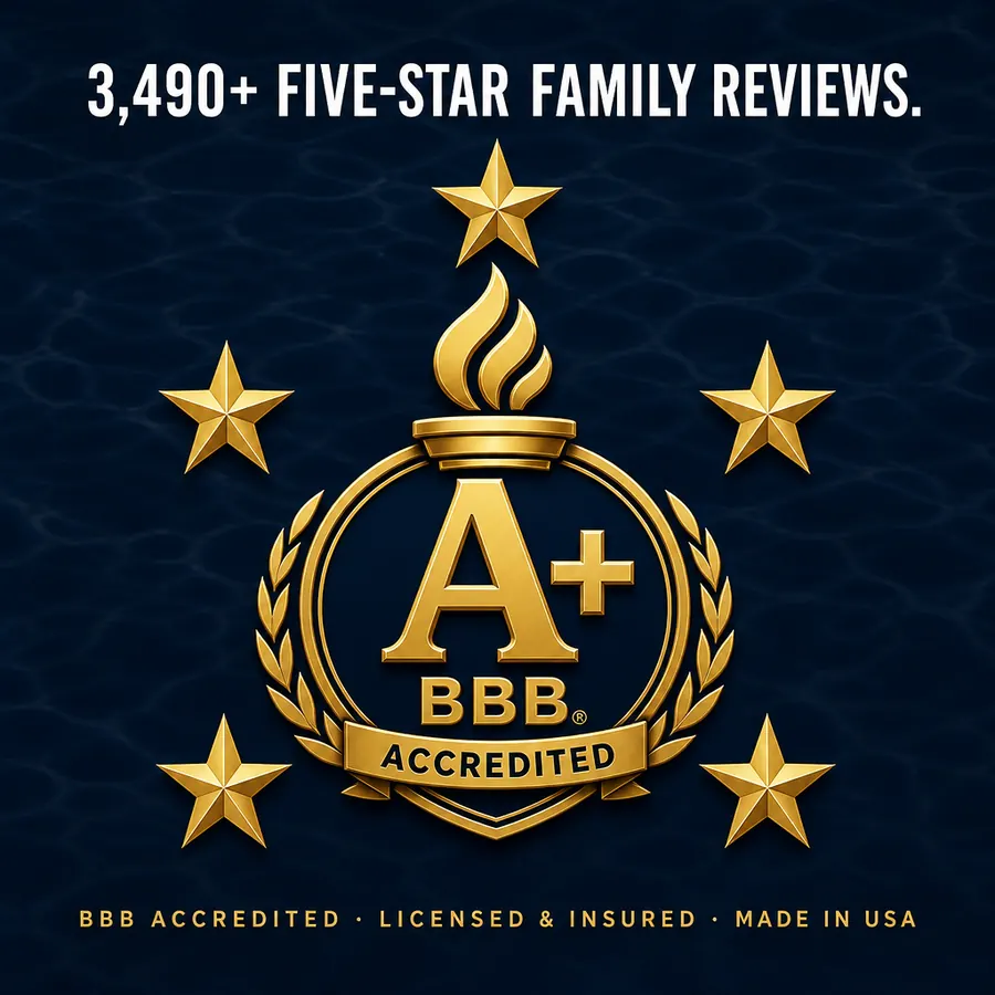 BBB A+ accreditation emblem with five golden stars and 3,490+ five-star family reviews